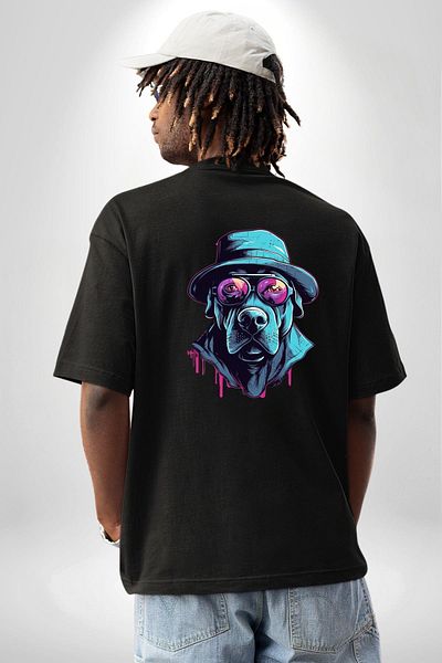 Angemiel Hard Look Hat Dog Black Oversize Women's Men's Front and Back Printed T-Shirt