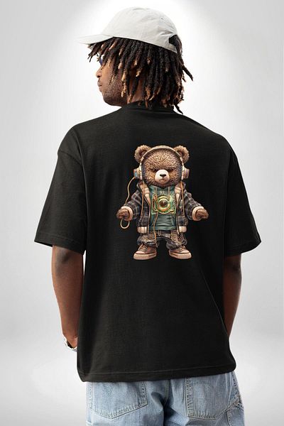 Angemiel Headphones New Generation Music Listening Teddy Black Oversize Women's Men's Front and Back Printed T-Shirt