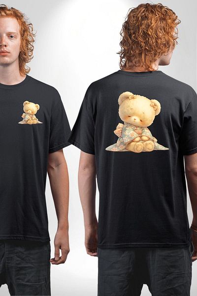 Angemiel Floral Pattern Pastel Tone Teddy Bear and Flower Black Oversize Women's Men's Front and Back Printed T-Shirt