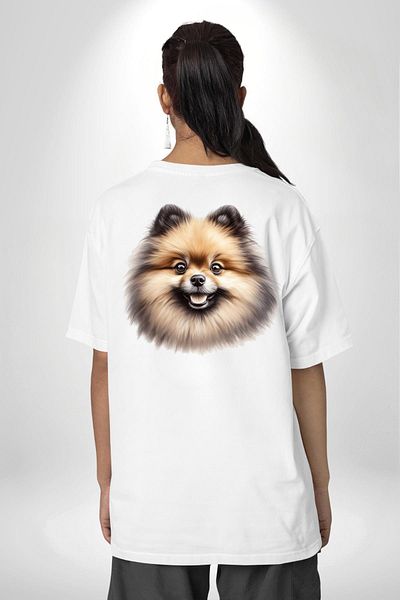 Angemiel Legendary Pomeranian Small Breed Dog Design White Oversize Women Men Front and Back Printed T-Shirt