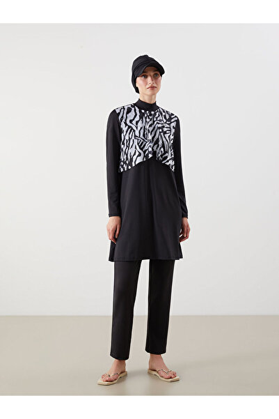 LC Waikiki Black Stand Collar Patterned Women's Hijab Swimsuit Set