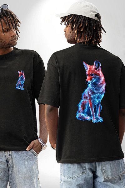 Angemiel Colorful Neon Fox Black Oversize Women's Men's Front and Back Printed T-Shirt
