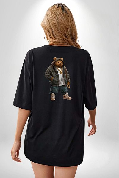Angemiel Urban Style Hip Hop Teddy Bear Rapper Teddy Black Oversize Women Men Front and Back Printed T-Shirt
