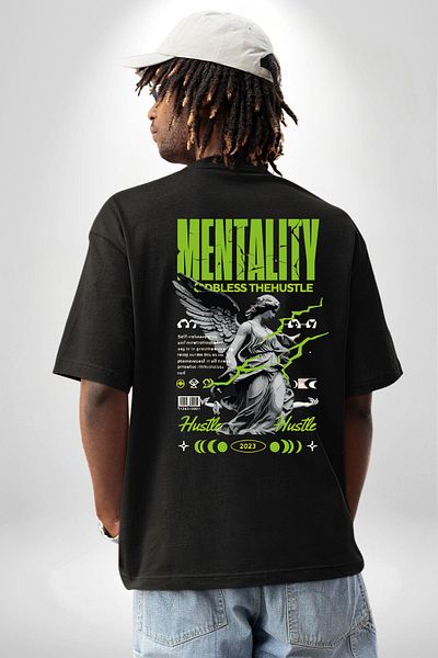 Angemiel Mindset Bustle Written Angel Black Oversize Women's Men's Front and Back Printed T-Shirt