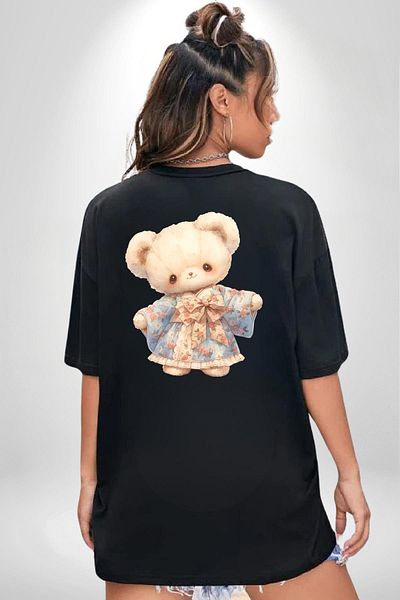 Angemiel Black Oversize Women's and Men's Front and Back Printed T-Shirt with Cute Teddy Bear Figure