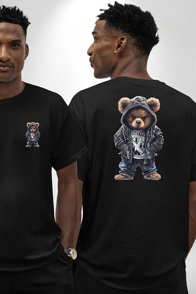 Angemiel Black Leather Jacket Gothic Rebel Teddy Bear Black Oversize Women's Men's Front and Back Printed T-Shirt