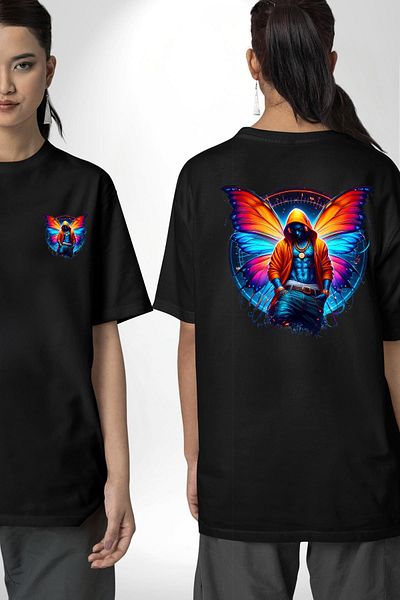 Angemiel Butterfly Winged Modern Young Design Black Oversize Women's Men's Front and Back Printed T-Shirt