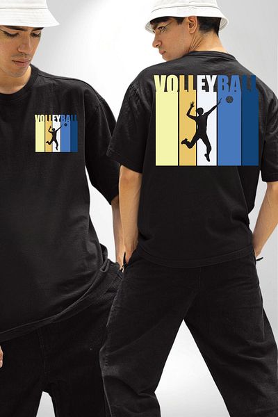 Angemiel Volleyball Written Colorful Energetic Design Black Oversize Women's Men's Front and Back Printed T-Shirt