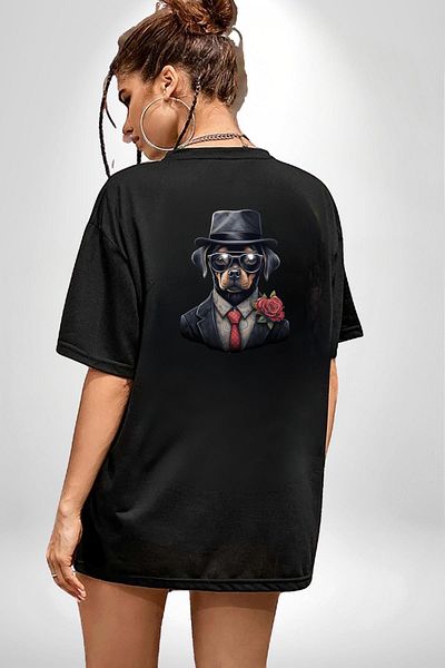 Angemiel Stylish Dog with Red Rose Suit Black Oversize Women's Men's Front and Back Printed T-Shirt