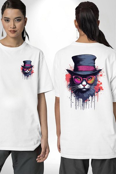 Angemiel Asi Graffiti Inspired Glasses Cat White Oversize Women's Men's Front and Back Printed T-Shirt