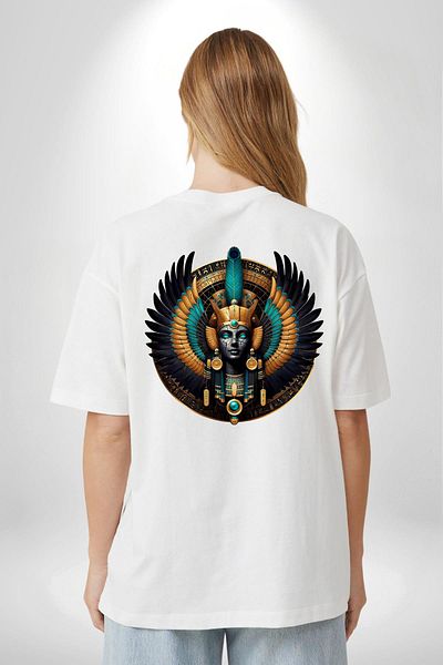 Angemiel تي شيرت مطبوع من الأمام والظهر للنساء والرجال باللون الأبيض من Maat Goddess of Truth and Cosmic Balance