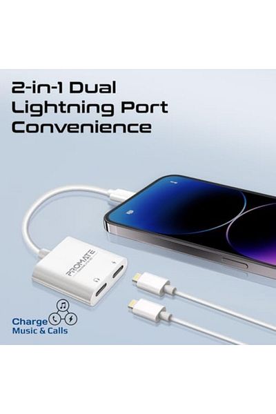 Promate Portable Dual Lightning Adapter with Support For iOS 7 And Above, Easy Plug and Play Setup,