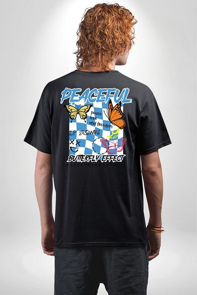 Angemiel Peace Love and Freedom Written Butterfly Style Black Oversize Women's Men's Front and Back Printed T-Shirt