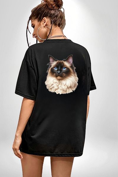 Angemiel Birman Cat Special Design Black Oversize Women's Men's Front and Back Printed T-Shirt