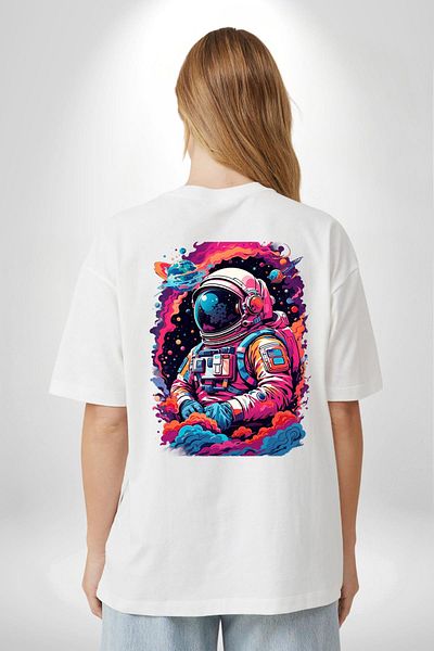 Angemiel Colorful Galaxy Astronaut Space and Loneliness White Oversize Women's Men's Front and Back Printed T-Shirt