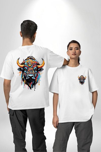 Angemiel تي شيرت Bull Power رمز الثبات الذي لا يقهر باللون الأبيض مقاس كبير للنساء والرجال مطبوع من الأمام والظهر