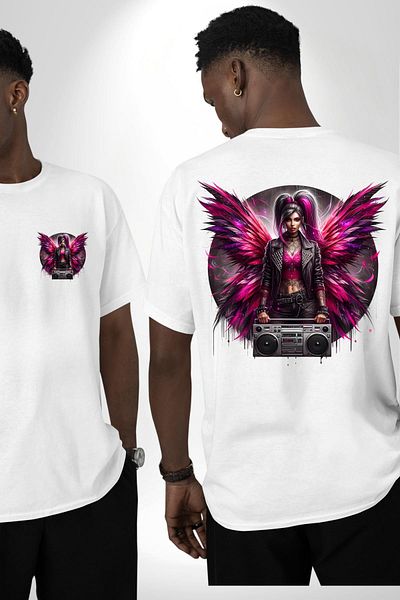 Angemiel تي شيرت مطبوع من الأمام والظهر للنساء والرجال باللون الأبيض بتصميم Boombox وBright Wings