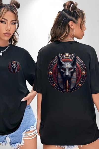 Angemiel Set Storm and Desert God Egypt Black Oversize Women Men Front and Back Printed T-Shirt