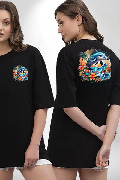 Angemiel Summer Spirit Floral Dolphin Themed Black Oversize Women's Men's Front and Back Printed T-Shirt