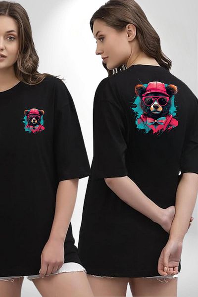 Angemiel Cool Bow Tie Bear Black Oversize Women's Men's Front and Back Printed T-Shirt
