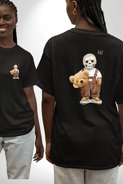 Angemiel Be Yourself Printed Skull Bear Teddy Black Oversize Women's Men's Front and Back Printed T-Shirt