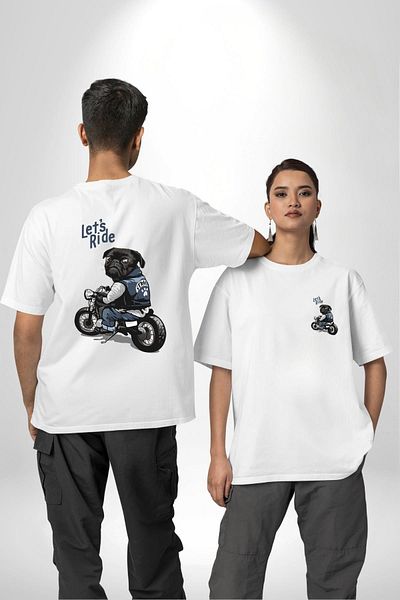 Angemiel Motorcycle Pug Let's Ride! White Oversize Women's Men's Front and Back Printed T-Shirt