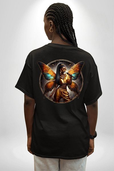 Angemiel Golden Yellow Winged Rapper Hip Hop Style Black Oversize Women Men Front and Back Printed T-Shirt
