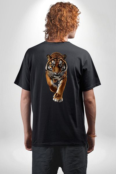 Angemiel Strong Tiger Pattern Nature Wild Life Black Oversize Women's Men's Front and Back Printed T-Shirt