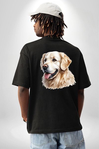 Angemiel Cute Golden Retriever Dog Friendly Black Oversize Women's Men's Front and Back Printed T-Shirt