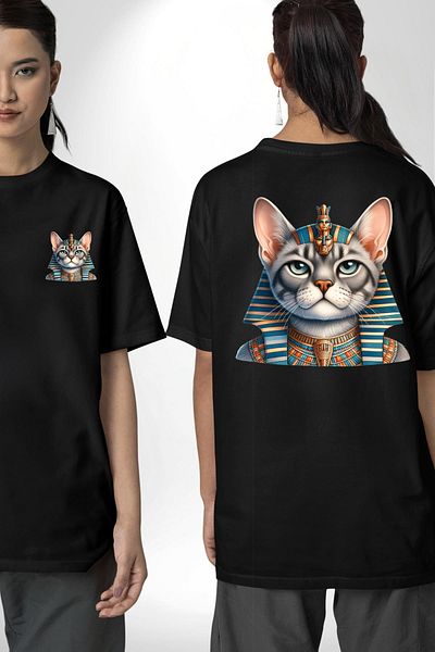 Angemiel Egyptian Mau's Royal Crown Cat Black Oversize Women's Men's Front and Back Printed T-Shirt