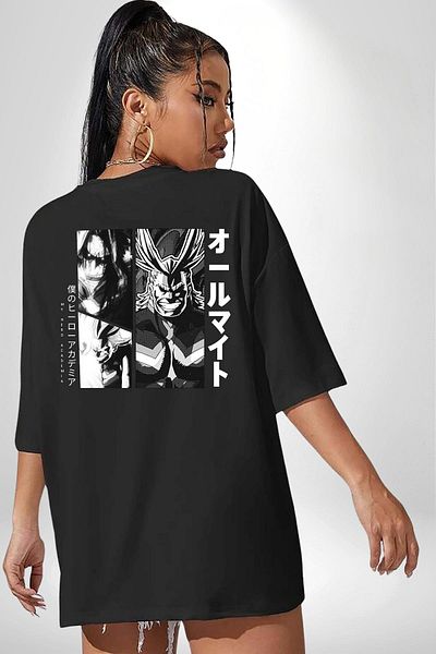 Angemiel My Hero Academia All Might Anime Black Oversize Women's Men's Front and Back Printed T-Shirt