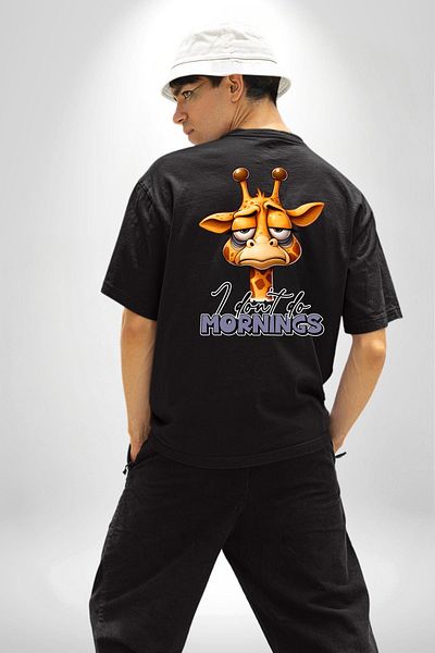 Angemiel Giraffe Who Doesn'T Like Mornings Sleepy Black Oversize Women's Men's Front and Back Printed T-Shirt