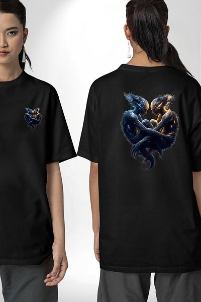 Angemiel Twins Buçu Special Design Black Oversize Women's and Men's Front and Back Printed T-Shirt
