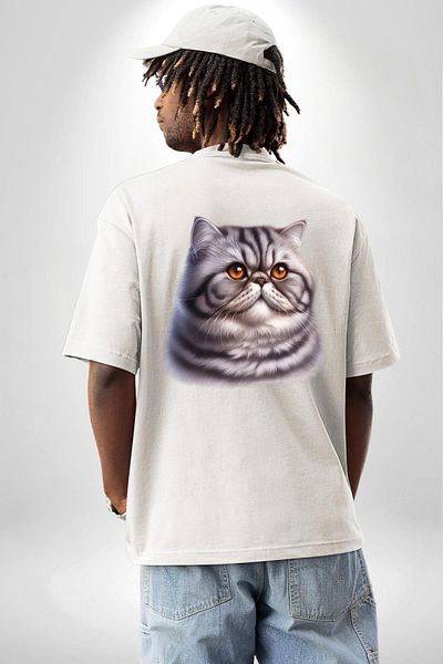 Angemiel Persian Cat White Oversize Women's Men's Front and Back Printed T-Shirt