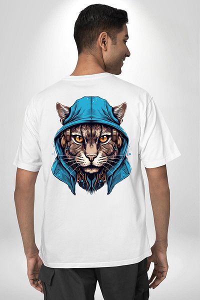 Angemiel تي شيرت Cyber ​​Cat Digital Tiger Eyes أبيض كبير الحجم للنساء والرجال مطبوع من الأمام والظهر