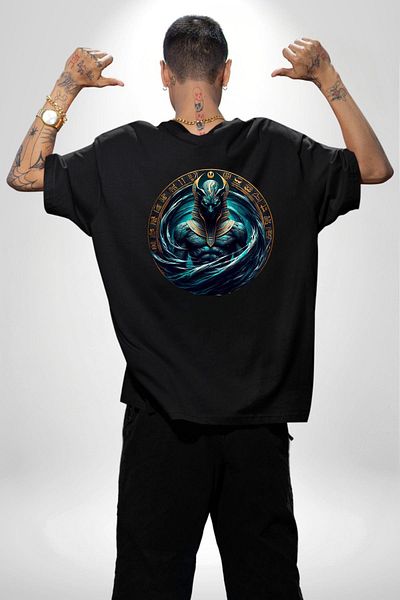 Angemiel Nu T-Shirt and Primitive Water God Egyptian Black Oversize Women's Men's Front and Back Printed T-Shirt