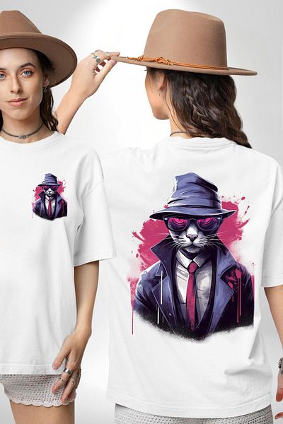 Angemiel Cool Detective Cat White Oversize Women's Men's Front and Back Printed T-Shirt