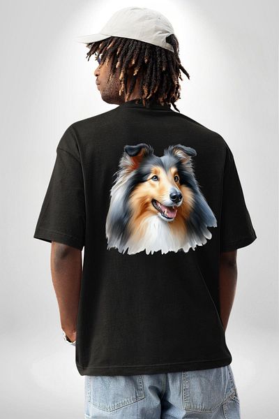 Angemiel Collie Elegant Clever Dog Black Oversize Women's Men's Front and Back Printed T-Shirt
