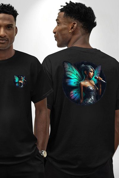 Angemiel Women's Black Oversize Women's Men's Front and Back Printed T-Shirt with Butterfly Wings in Shiny Dress