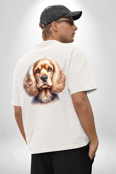 Angemiel Cute Cocker Spaniel Dog White Oversize Women's Men's Front and Back Printed T-Shirt