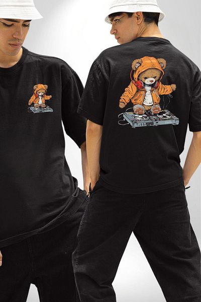 Angemiel Dj Teddy Bear Music Themed Hooded Teddy Black Oversize Women's Men's Front and Back Printed T-Shirt