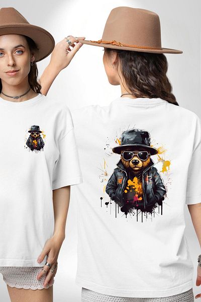 Angemiel معطف جلد أبيض مع نظارات شمسية Bear Teddy أبيض كبير الحجم للنساء والرجال تي شيرت مطبوع من الأمام والظهر