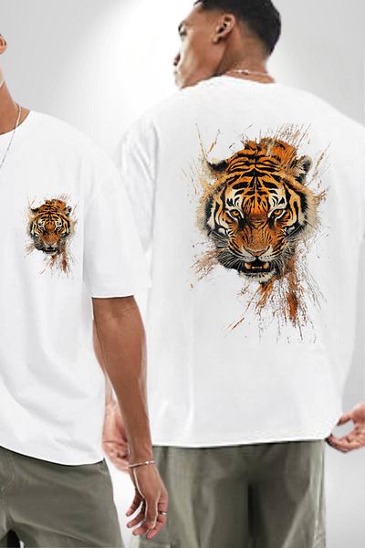 Angemiel تي شيرت Tiger's Fury Tiger Head أبيض كبير الحجم للنساء والرجال مطبوع من الأمام والظهر