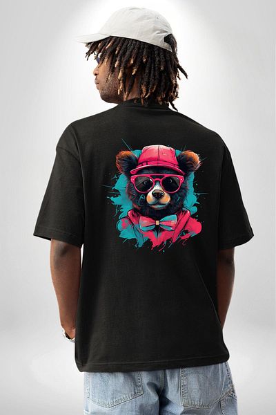 Angemiel Cool Bow Tie Bear Black Oversize Women's Men's Front and Back Printed T-Shirt