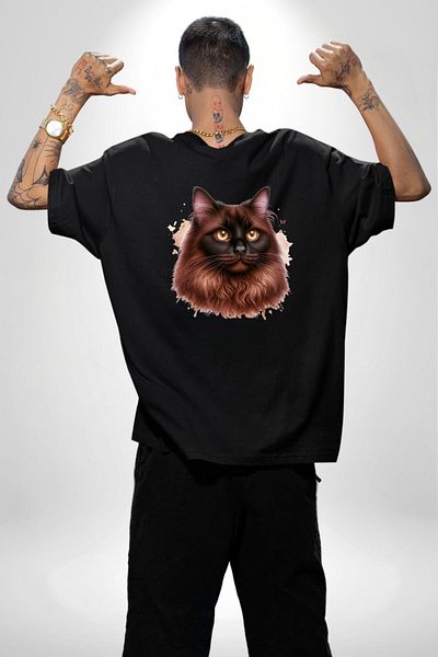 Angemiel Ragdoll Cat Siamese Cat's Long-Haired Version Black Oversize Women's Men's Front and Back Printed T-Shirt