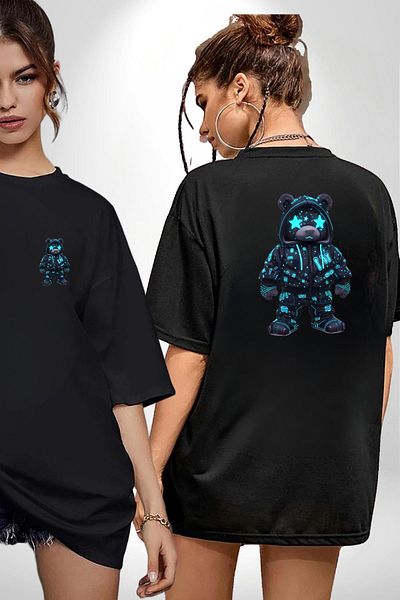 Angemiel Neon Night Glow Cyberpunk Teddy Bear Black Oversize Women's Men's Front and Back Printed T-Shirt