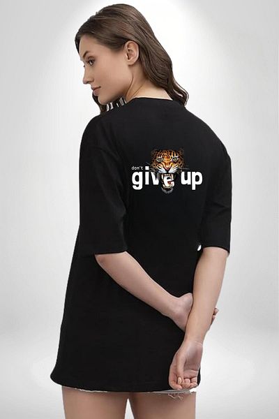 Angemiel Quit Printed Tiger Motivational Design Black Oversize Women's Men's Front and Back Printed T-Shirt