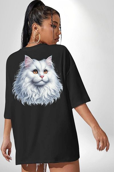 Angemiel White Persian Cat Black Oversize Women's Men's Front and Back Printed T-Shirt