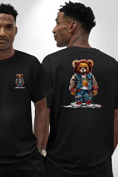 Angemiel Trendy Red Yellow Fan Teddy Bear Teddy Black Oversize Women's Men's Front and Back Printed T-Shirt