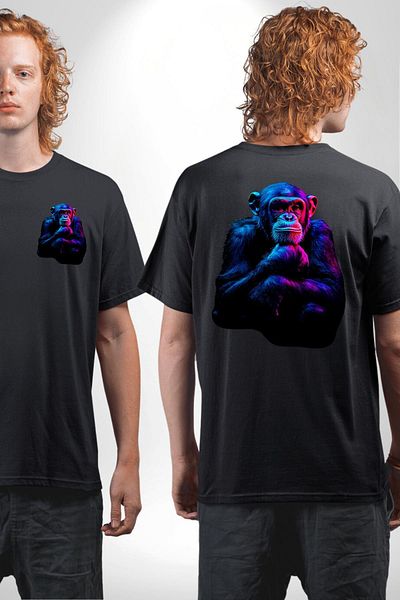 Angemiel Monkey Black Oversize Women's Men's Front and Back Printed T-Shirt with Light Effects